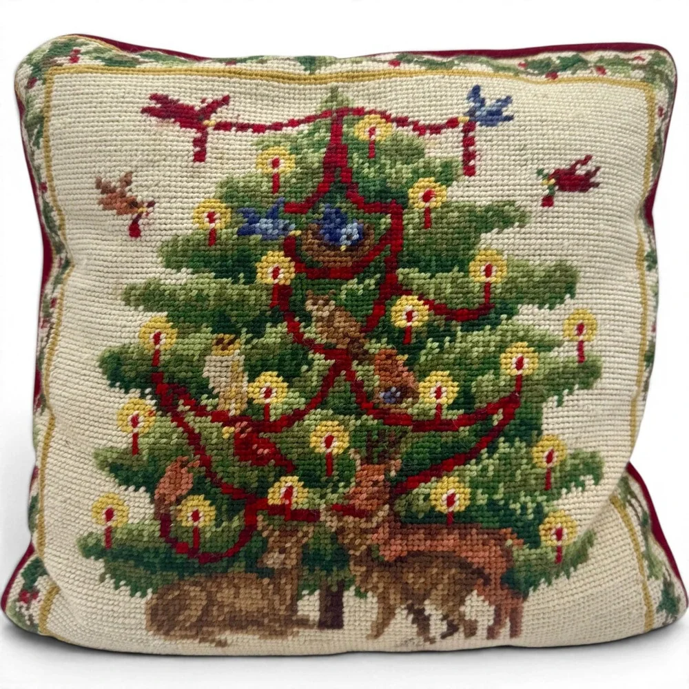 Vintage Christmas Wool Needlepoint Pillow Woodland Animals Tree Red Velvet 13x13